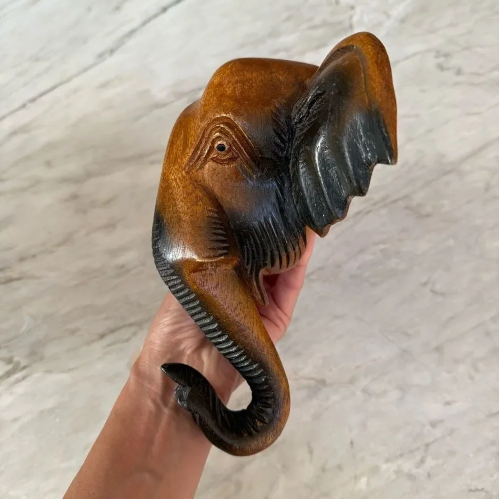 Elephant Head Thai Wood Carving Art Wall Home Decor 8”